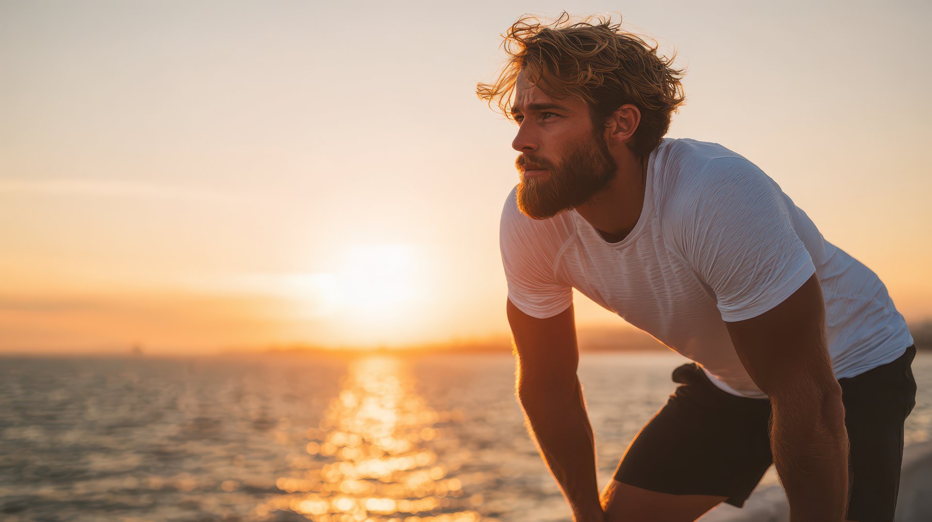 Active man exercising at sunset by the ocean, embodying vitality and peak performance at any age