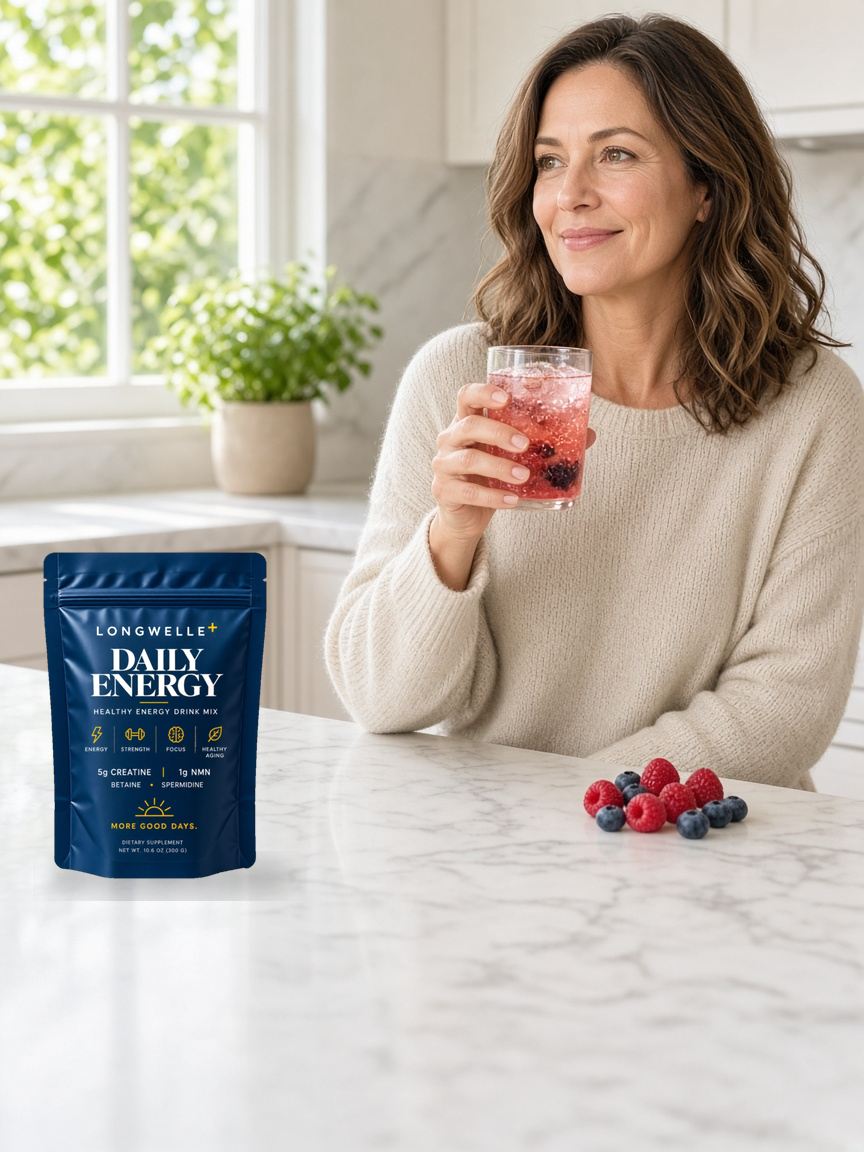 Woman drinking Longwelle+ Daily Energy as part of a morning ritual